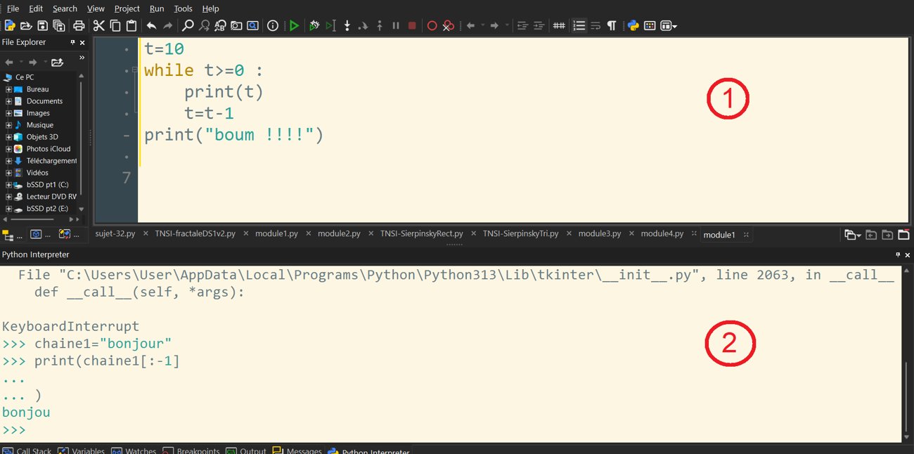 La fenêtre d'EduPython : l'éditeur (1) et la console (2).