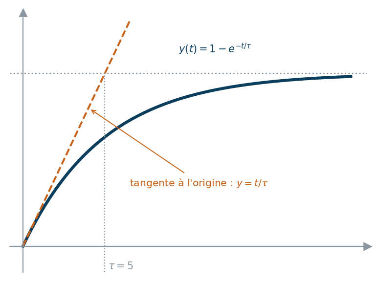 Réponse indicielle 1-e^(-t/5) et sa tangente à l'origine y=t/5, qui atteint 1 pour t=5=tau